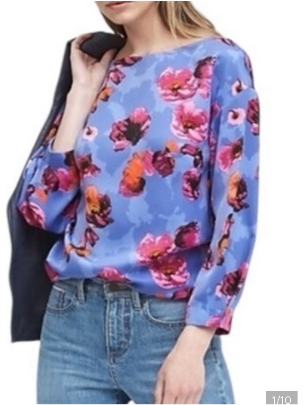 Banana Republic Sz XXS Floral Boatneck Blouse Cocoon Sleeve Periwinkle Blue Top